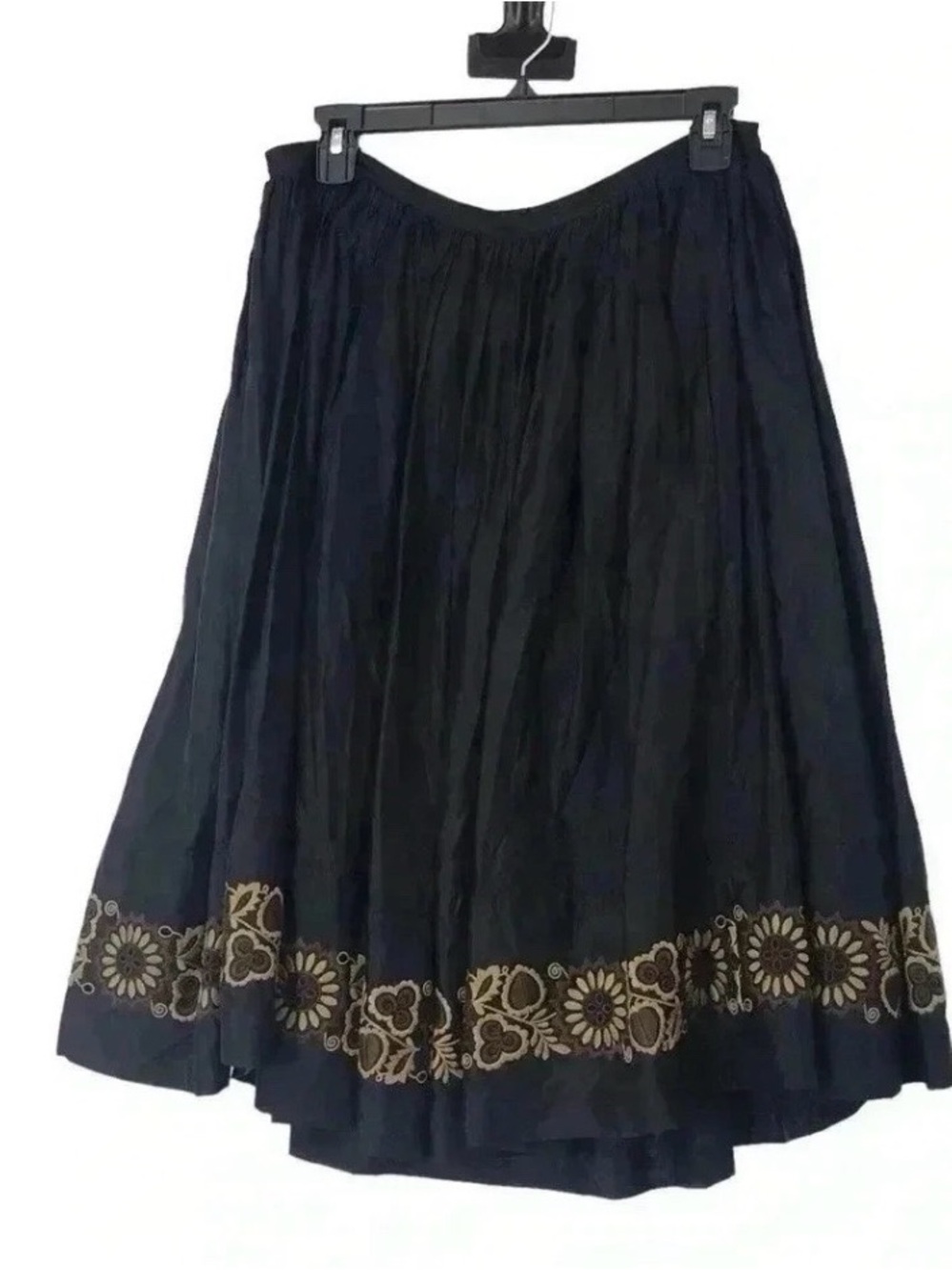 PURE DKNY Silk Pleated Midi Skirt Floral Embroidered Black Womens 6